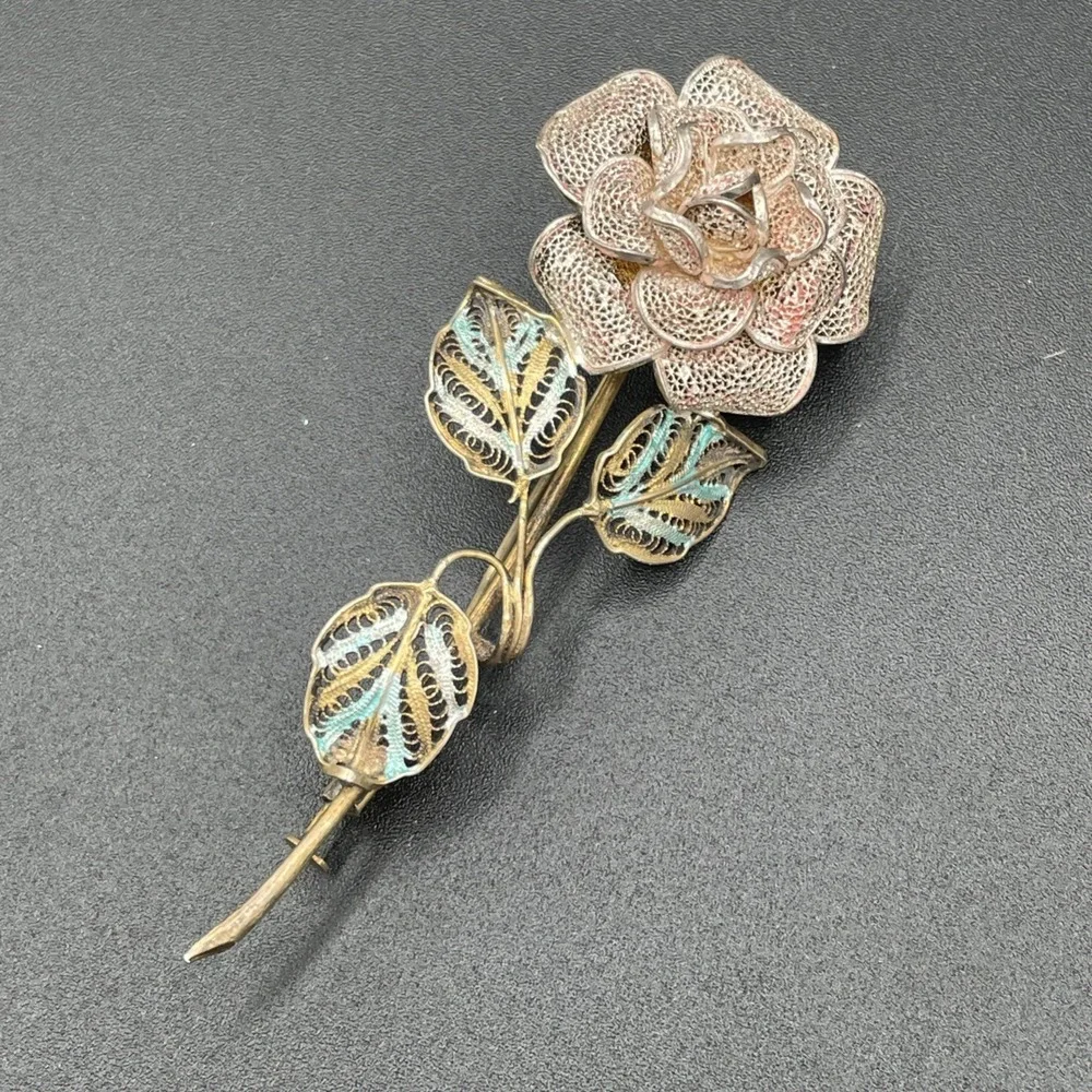 Antique Vintage Sterling Silver Floral Filigree Enamel Brooch Trombone Clasp 40s